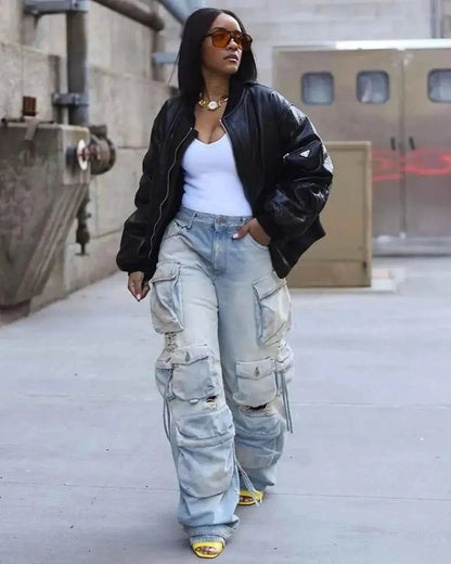Women Denim Straight Pants High Waist Cargo Jeans Streetwear Casual Trousers Multi Pocket