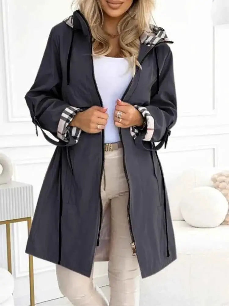Autumn Winter Splicing Plaid Windbreaker Coat For Women Hooded Zipper Pocket Drawstring Waist Long Jacket