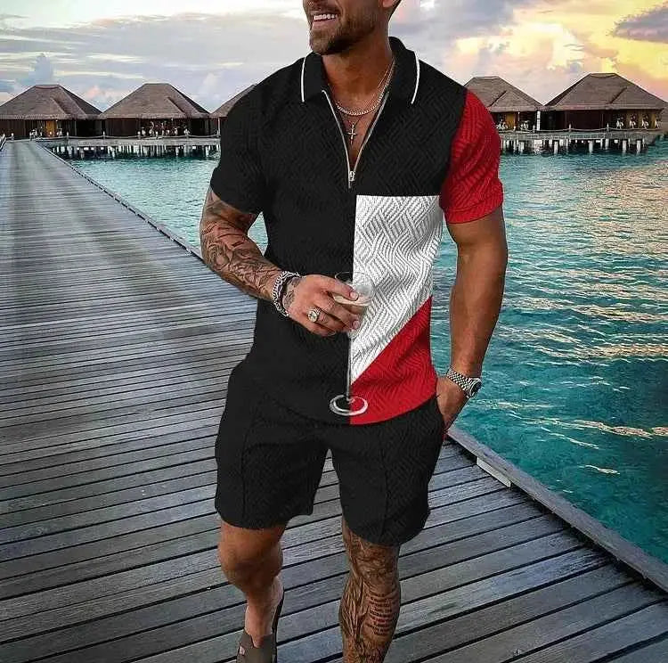 Mens Summer Tracksuit Set 3D Printed Casual Short Sleeve T Shirt With Lapel Zip Polo For Jogging