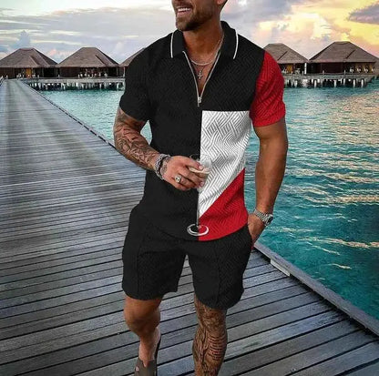 Mens Summer Tracksuit Set 3D Printed Casual Short Sleeve T Shirt With Lapel Zip Polo For Jogging