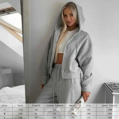 Casual Solid Tracksuit Two Piece Set Women Hooded Zipper Coat Sweatpants 2025 New Loose Fit