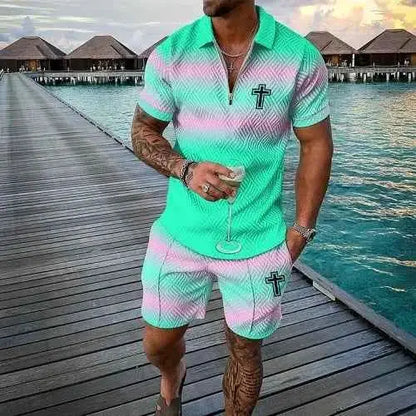 Mens Summer Tracksuit Set 3D Printed Casual Short Sleeve T Shirt With Lapel Zip Polo For Jogging