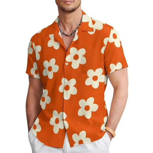 Floral Daisy Hawaiian Short Sleeve Shirt For Men Casual Summer Wear Purple Orange Flowers