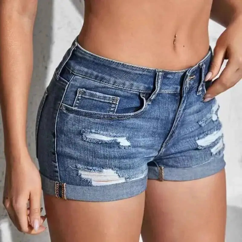 Women's Split Denim Shorts Mid Waist Elastic Perforated Curled Cuff Slim Fit Casual Beachwear
