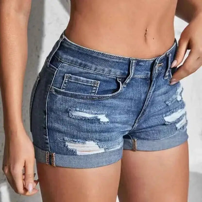 Women's Split Denim Shorts Mid Waist Elastic Perforated Curled Cuff Slim Fit Casual Beachwear