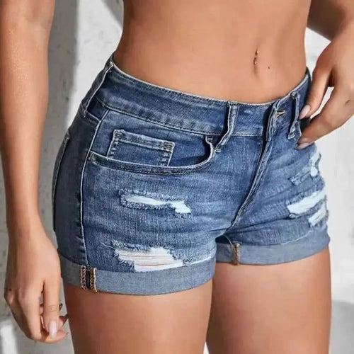 Women's Split Denim Shorts Mid Waist Elastic Perforated Curled Cuff Slim Fit Casual Beachwear