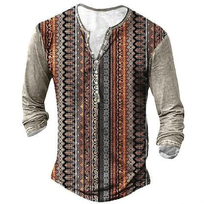 Vintage Style Men's Long Sleeve T Shirt Ethnic Graphic 3D Print Oversized Button Tee
