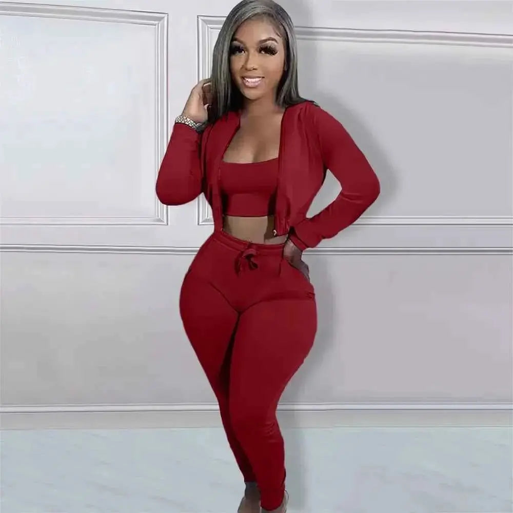 Women Sportswear 3 Piece Hooded Track Jacket Tank Top Jogger Pants Tracksuit Activewear Set