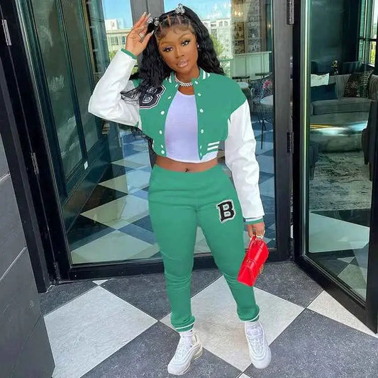 CM YAYA Letter B Baseball Womens Tracksuit Two Piece Jacket And Sweatpants Set Outfit