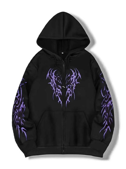 New Hooded Zip Up Hoodie Unisex Winter 100 Percent Cotton Gothic Print Vintage Fleece Sweatshirt Y2K Oversized
