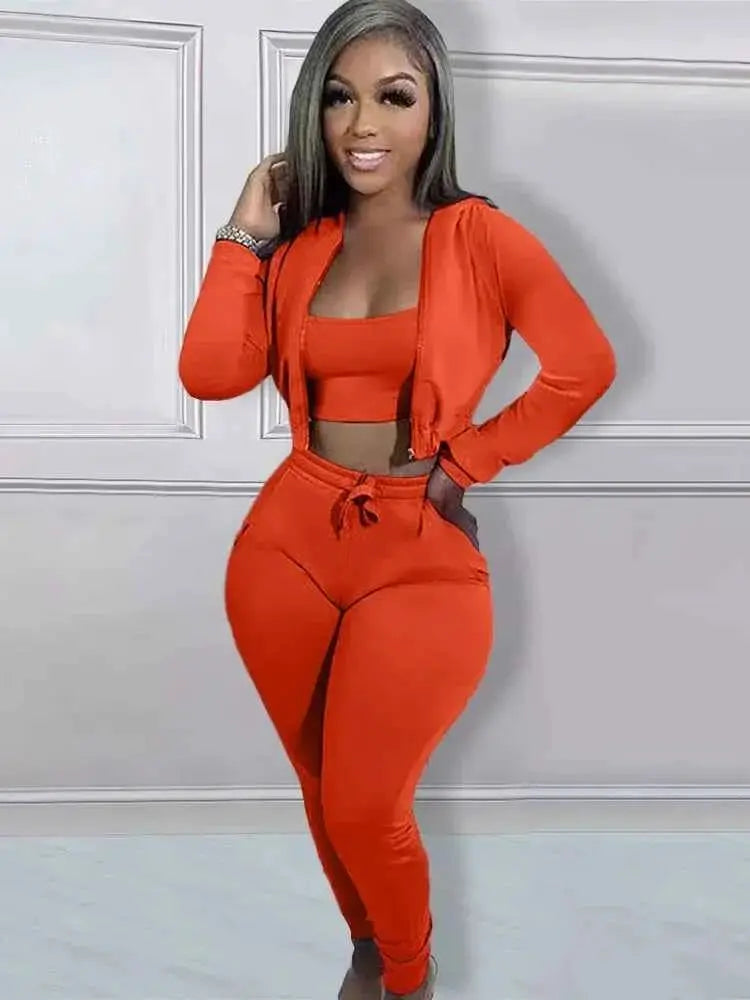 Women Sportswear 3 Piece Hooded Track Jacket Tank Top Jogger Pants Tracksuit Activewear Set