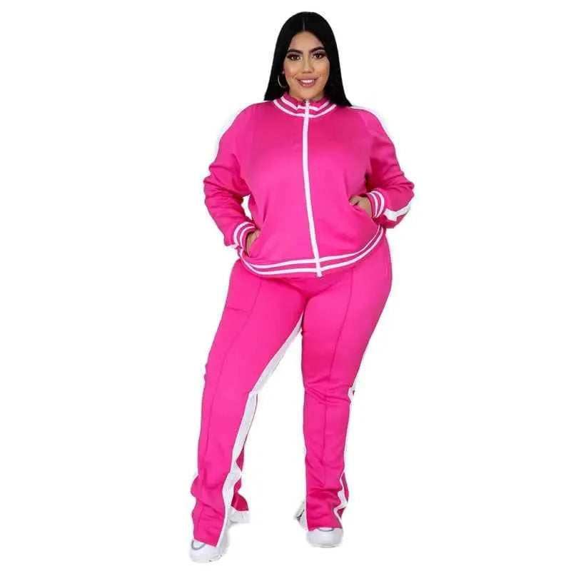 Plus Size Two Piece Sweatsuit For Women Zip Striped Top And Slit Jogger Pants Outfit Wholesale Dropshipping