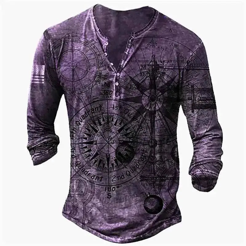 Vintage Men's Compass Graphic Long Sleeve Tee Oversized Streetwear 3D Print For Men