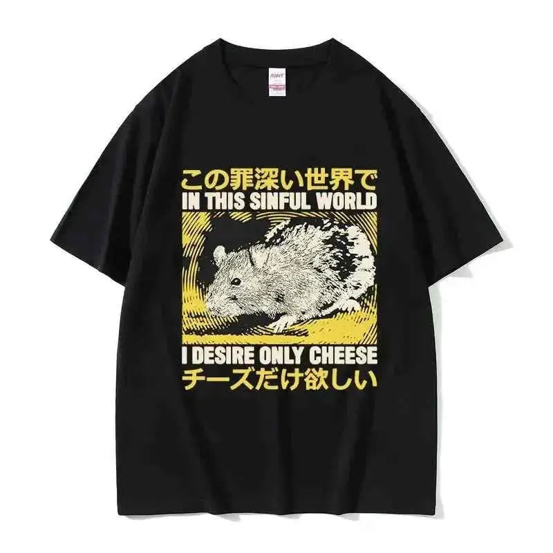 Lost In The Cheese Rat Print Meme T Shirt For Men Women Oversized Short Sleeve Streetwear Summer Tee Tops