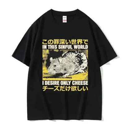 Lost In The Cheese Rat Print Meme T Shirt For Men Women Oversized Short Sleeve Streetwear Summer Tee Tops