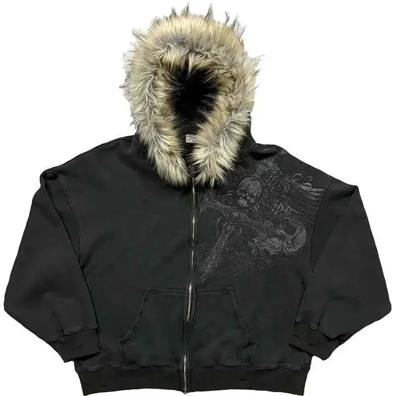 Women's Autumn Winter Y2K Harajuku Faux Fur Collar Zip Up Hoodie Graphic Hip Hop Punk Gothic | TeenStylo — TeenStylo