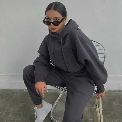 Women Fleece Two Piece Set Hoodie And Sweatpants Tracksuit 2023 Spring Winter Vintage Y2K Streetwear