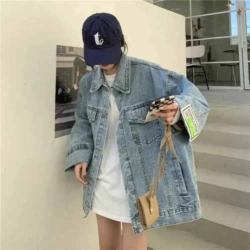 Oversized Denim Jacket for Women Korean Style Loose Fit Long Sleeve Button Down Jean Jacket 2026 New