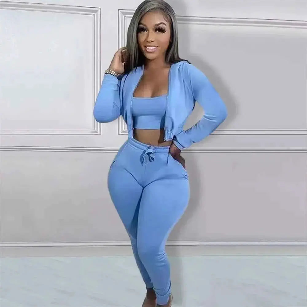 Women Sportswear 3 Piece Hooded Track Jacket Tank Top Jogger Pants Tracksuit Activewear Set