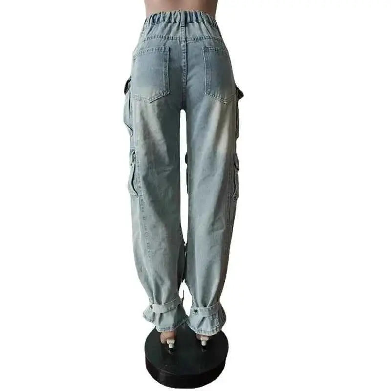 Women Denim Straight Pants High Waist Cargo Jeans Streetwear Casual Trousers Multi Pocket