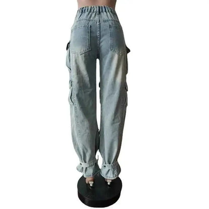 Women Denim Straight Pants High Waist Cargo Jeans Streetwear Casual Trousers Multi Pocket