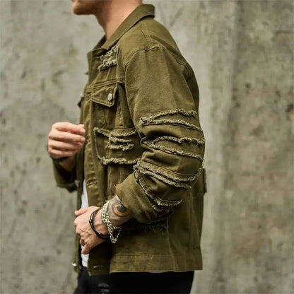 Street Style Men Ripped Splicing Slim Motorcycle Denim Jacket With Patch Casual Solid Jeans Coat