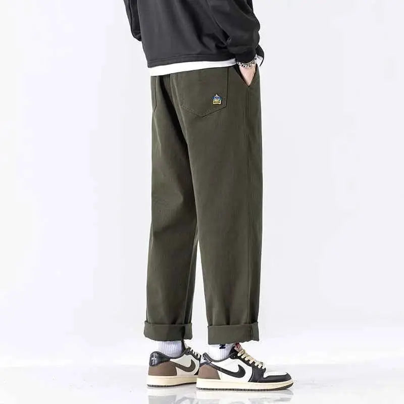 HIQOR Men Casual Cotton Vintage Jogger Pants Loose Straight Wide Leg Cargo Streetwear Trousers