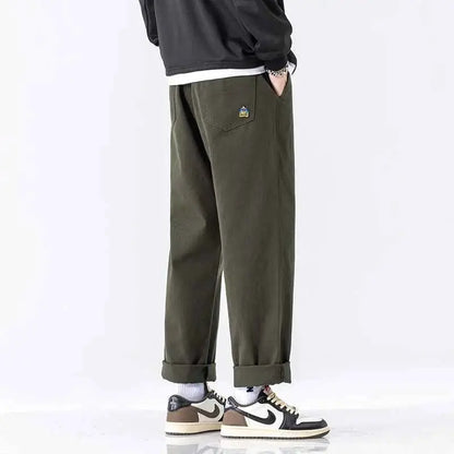 HIQOR Men Casual Cotton Vintage Jogger Pants Loose Straight Wide Leg Cargo Streetwear Trousers