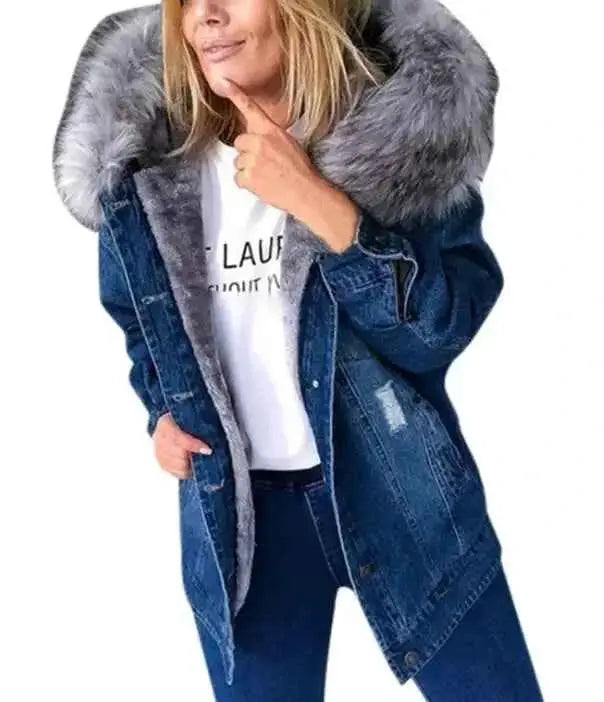 Winter Vintage Ripped Denim Coat With Hooded Plush Lining Pocket Stitching Long Sleeve Baggy Jacket For Women
