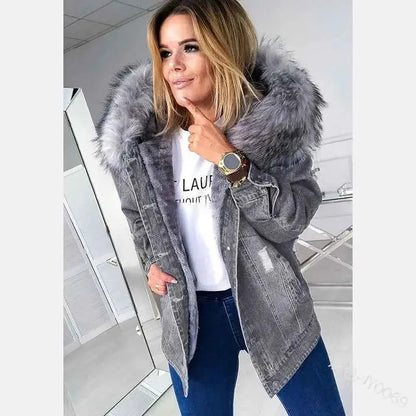 Winter Vintage Ripped Denim Coat With Hooded Plush Lining Pocket Stitching Long Sleeve Baggy Jacket For Women