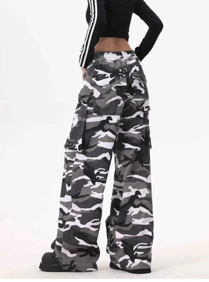 Y2K Baggy Cargo Pants Women Camouflage Print Wide Leg Joggers Hip Hop Streetwear Drawstring Casual Trousers
