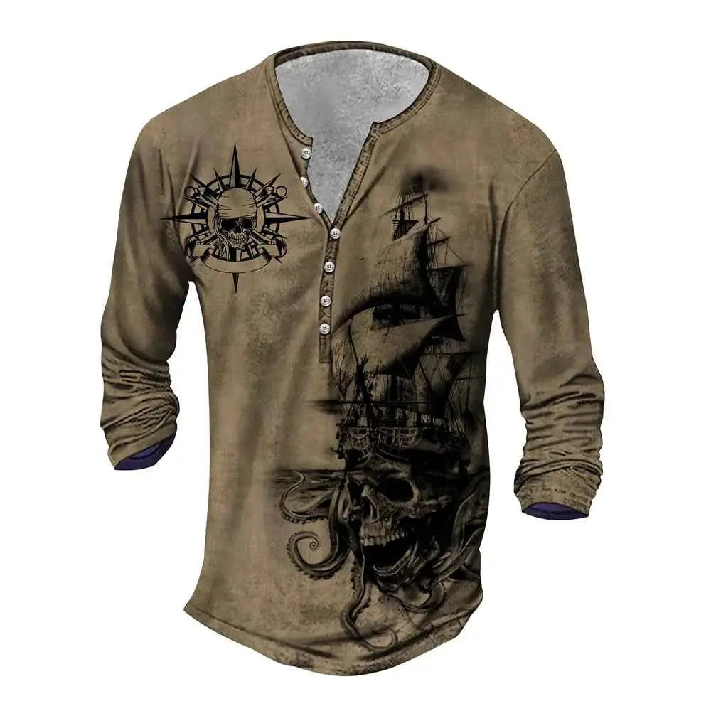 Vintage Men's Compass Graphic Long Sleeve Tee Oversized Streetwear 3D Print For Men