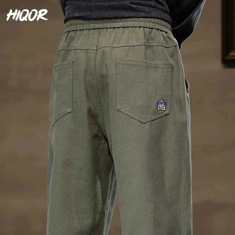 HIQOR Men Casual Cotton Vintage Jogger Pants Loose Straight Wide Leg Cargo Streetwear Trousers