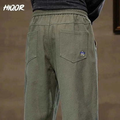 HIQOR Men Casual Cotton Vintage Jogger Pants Loose Straight Wide Leg Cargo Streetwear Trousers