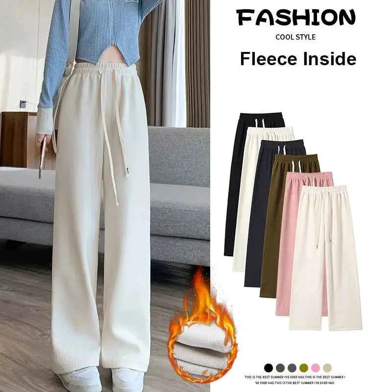 2024 Casual Women High Waist Wide Leg Thickened Long Pants for Autumn and Winter Trousers