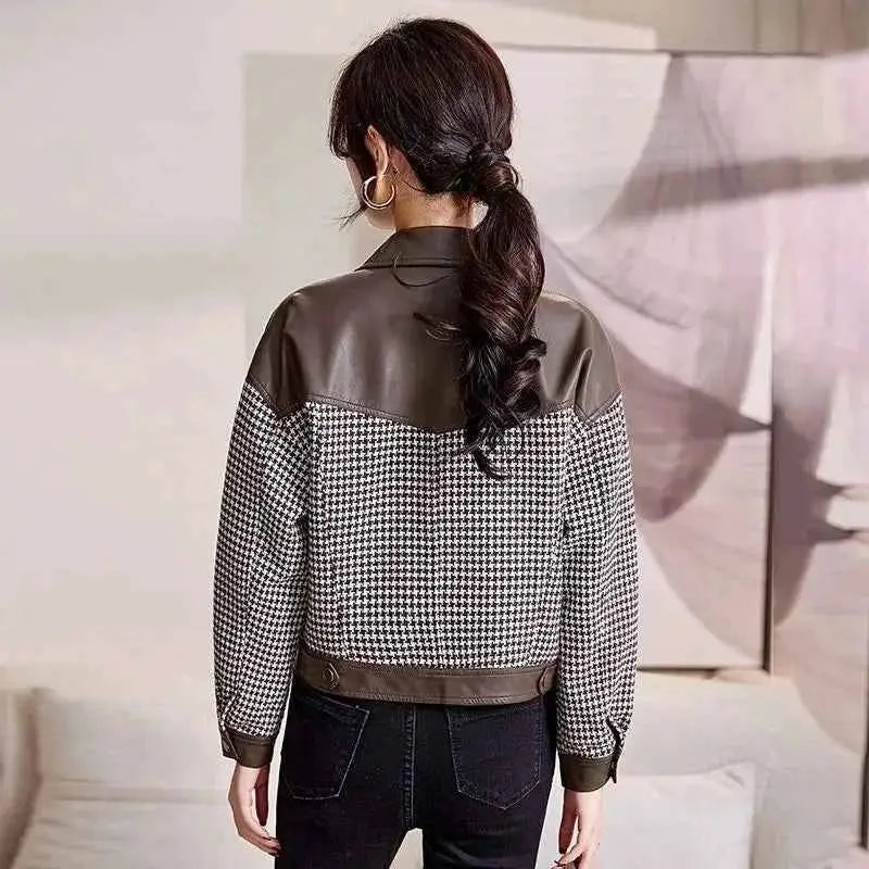 Leather Coat For Women PU Leather Motorcycle Jacket Short Splice Design 2024 Spring Autumn