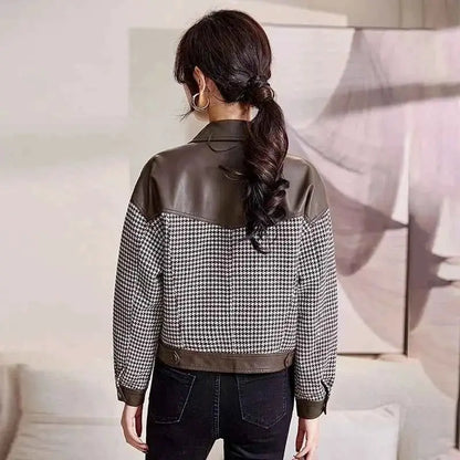 Leather Coat For Women PU Leather Motorcycle Jacket Short Splice Design 2024 Spring Autumn