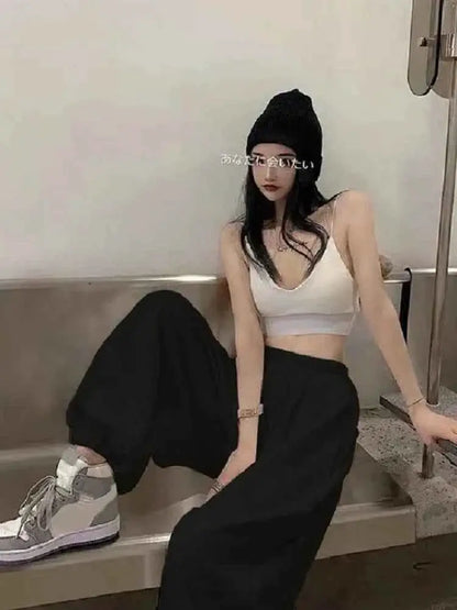 Women White Jogging Sweatpants Harajuku Style Wide Leg Casual Sports Pants Korean Fashion Ankle Length