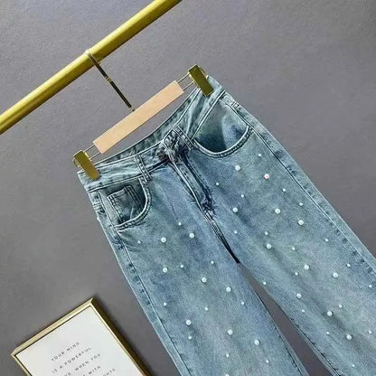 TeenStylo Beaded Denim Pants Wide Leg Jeans For Women Trendy Beaded Detailing Denim Trousers