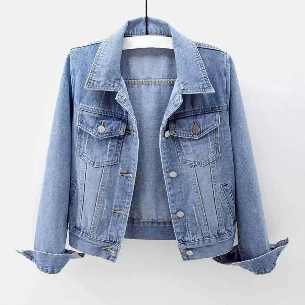 Women Denim Jacket Single Breasted Chest Flap Pocket Long Sleeve Slim Fit Retro Outerwear