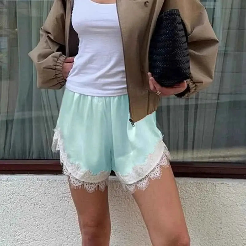 Women Y2K Silk Lace Trim Shorts Pajama Micro Mini Slip Boxer Lounge Low Rise Bottoms Streetwear