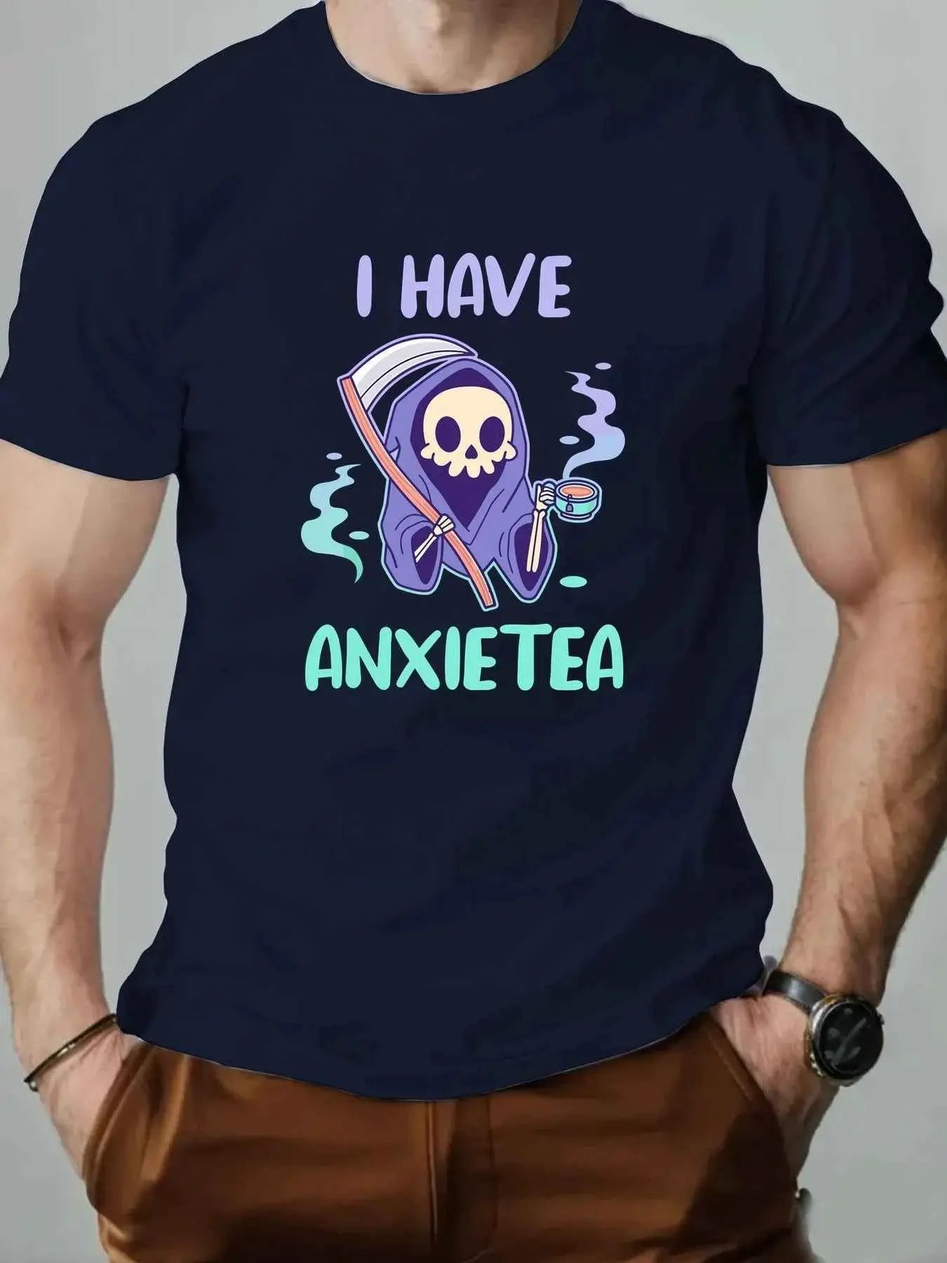 Men 100% Cotton Oversized T Shirt O Neck ANXIETEA Graphic Print Streetwear Casual Loose Fit Summer Tee Top For Daily Wear
