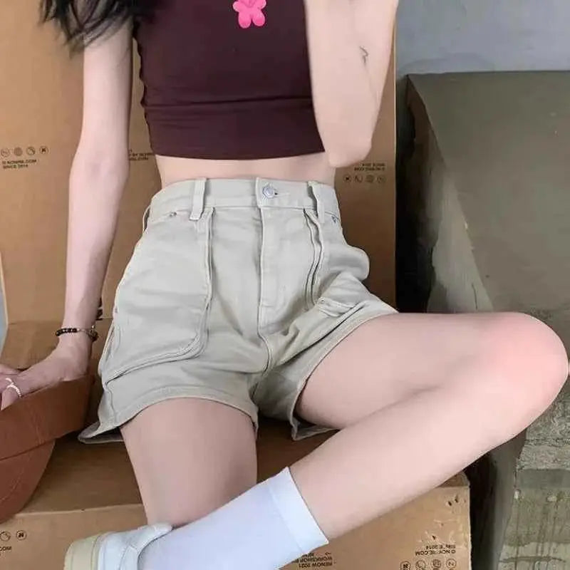Khaki Pocket Baggy High Waist Cargo Denim Shorts for Women Korean Style Harajuku Summer Fashion