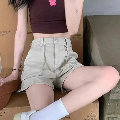 Khaki Pocket Baggy High Waist Cargo Denim Shorts for Women Korean Style Harajuku Summer Fashion