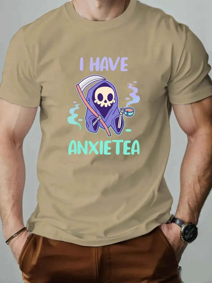 Men 100% Cotton Oversized T Shirt O Neck ANXIETEA Graphic Print Streetwear Casual Loose Fit Summer Tee Top For Daily Wear