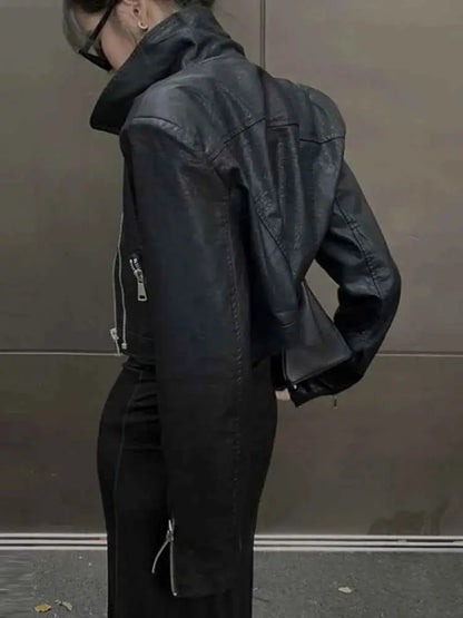 Punk Cropped Black Leather Jacket For Women Zipper Moto Biker Outerwear High Street Irregular Leather Coat New