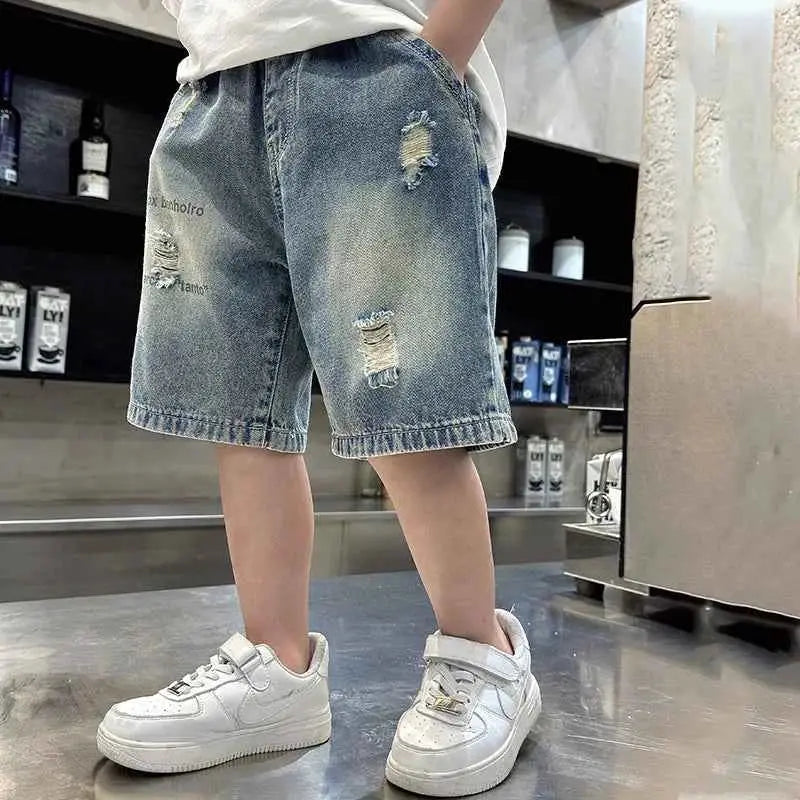 Boys Street Style Ripped Denim Shorts Vintage Wash Casual Summer Shorts With Holes Kids Cool Destroy Bottoms