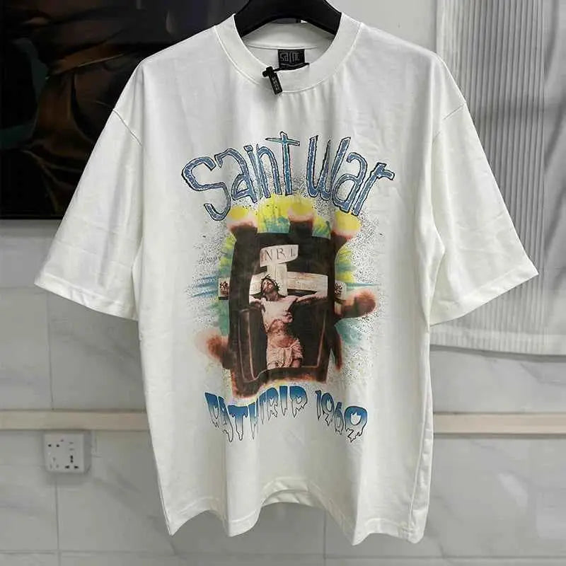 25SS Fingerprint Digital Direct Printing Saint T Shirt Unisex Oversized Vintage Washed Black Tee With Tag