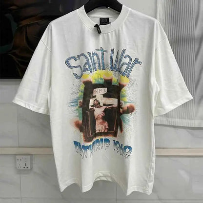 25SS Fingerprint Digital Direct Printing Saint T Shirt Unisex Oversized Vintage Washed Black Tee With Tag