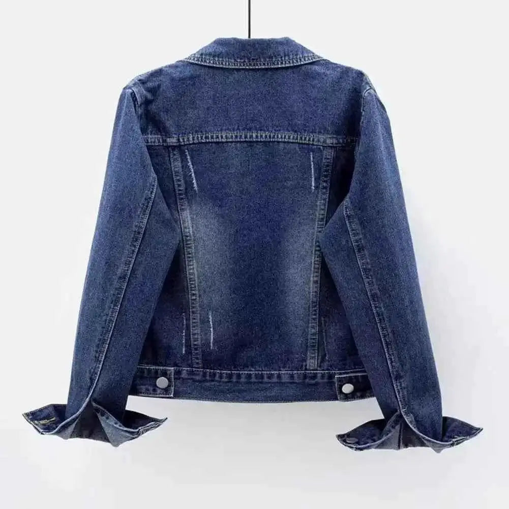 Women Denim Jacket Single Breasted Chest Flap Pocket Long Sleeve Slim Fit Retro Outerwear
